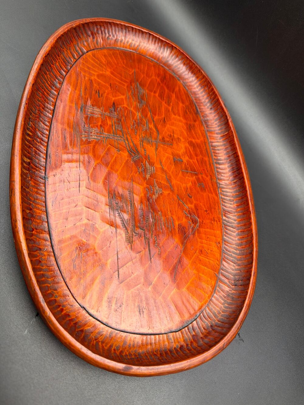 Vintage Japanese Carved Wood Serving Tray Mount Fuji Pagoda Torii Gate 14x9
